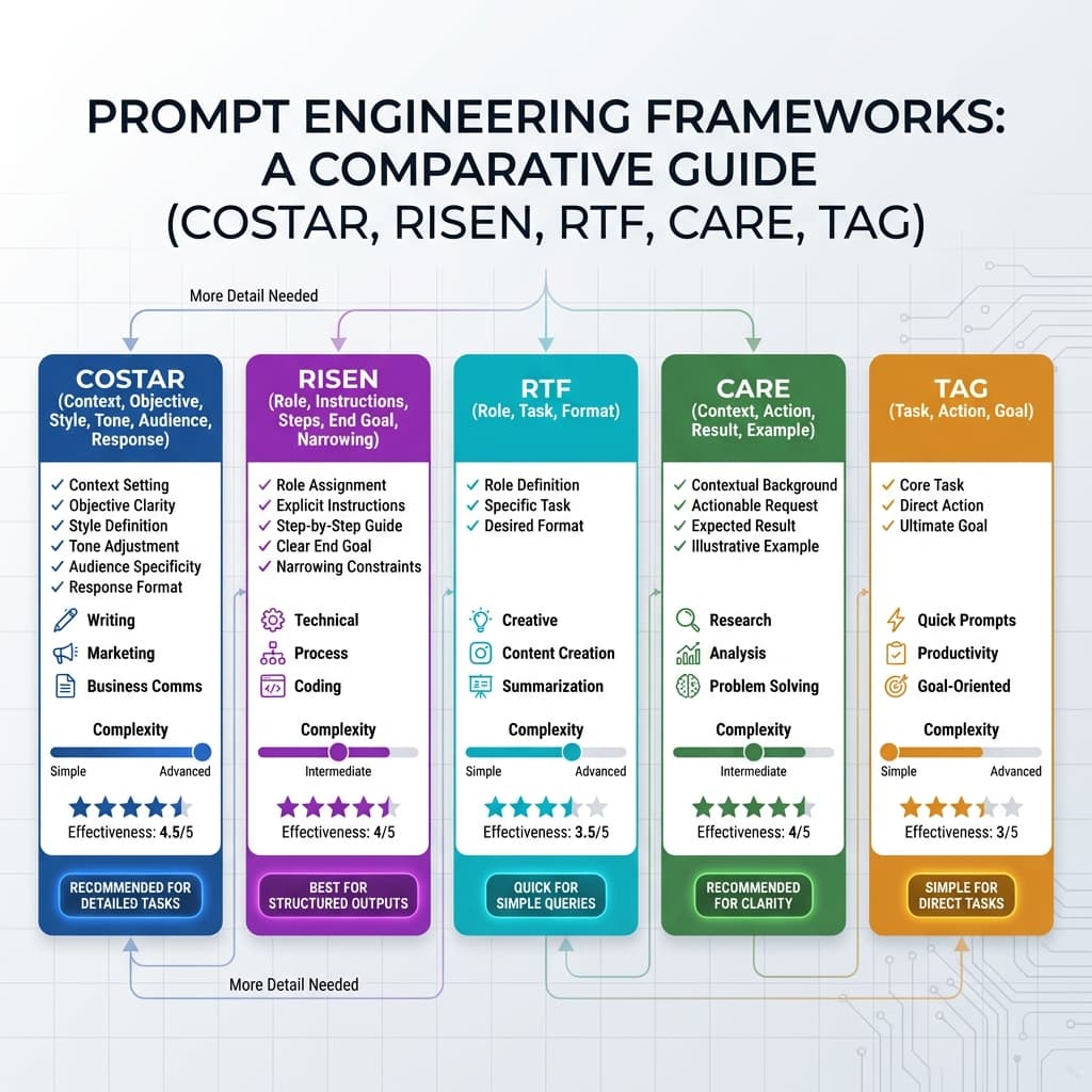Prompt Frameworks Compared: Which One Should You Use? (COSTAR vs RISEN vs RTF vs CARE)